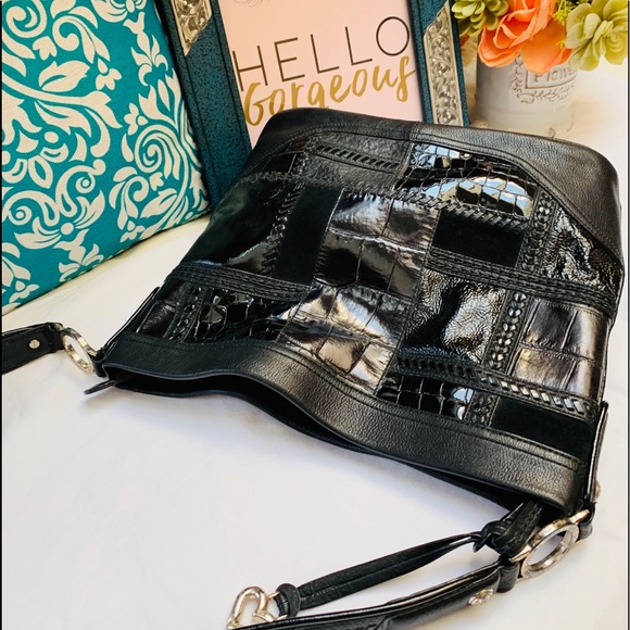 Brighton Black Leather Patchwork Satchel Bag